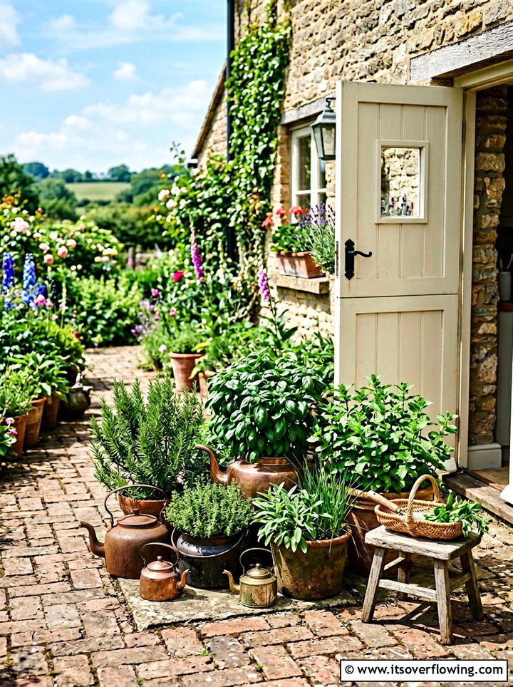 Grouped kettle herb garden - 25 upcycled garden ideas with old kettles
