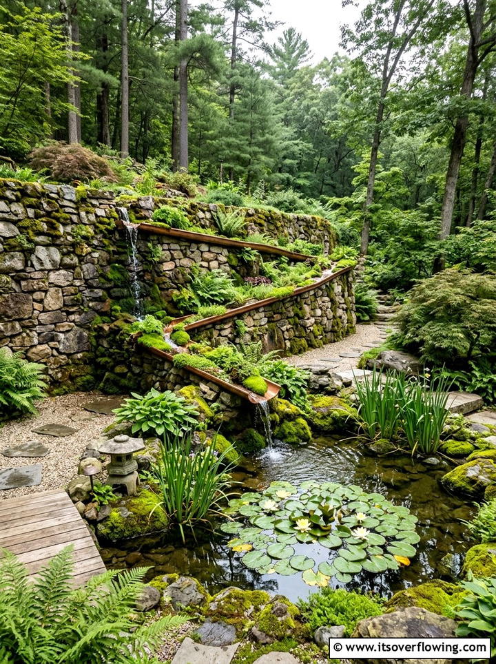 Gutter Drainage Waterfall Garden - 25 upcycled garden ideas with rain gutters