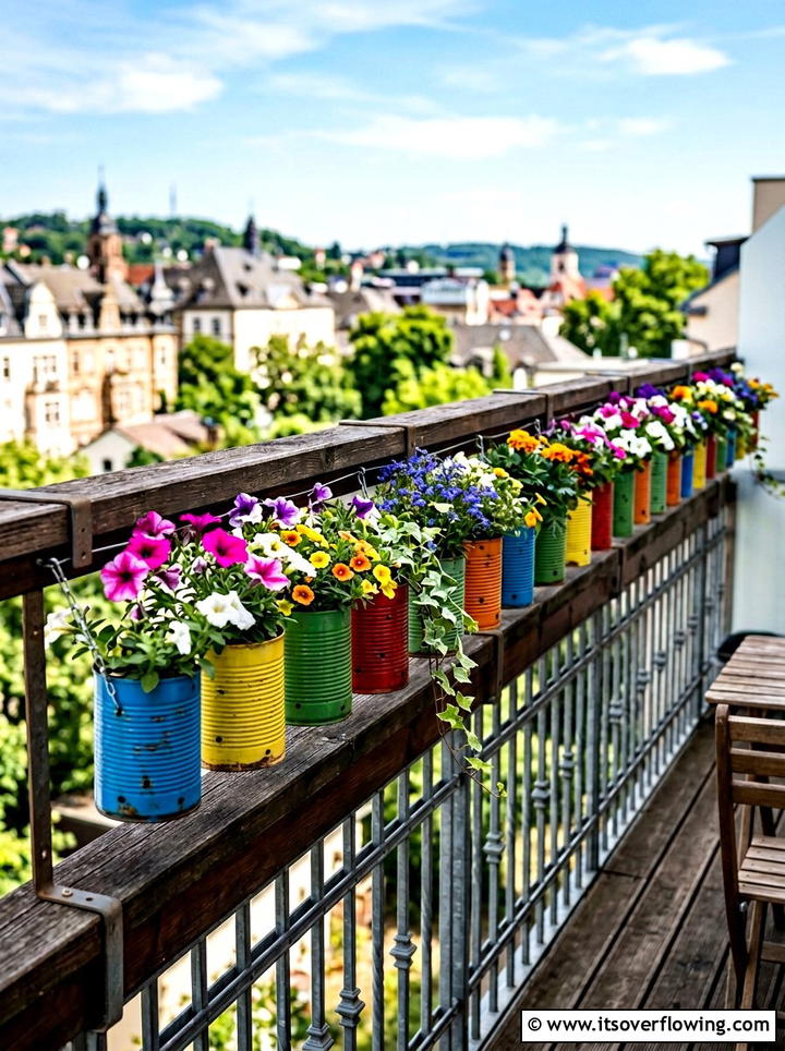 Gutter Style Hanging Cans - 25 upcycled garden ideas with tin cans