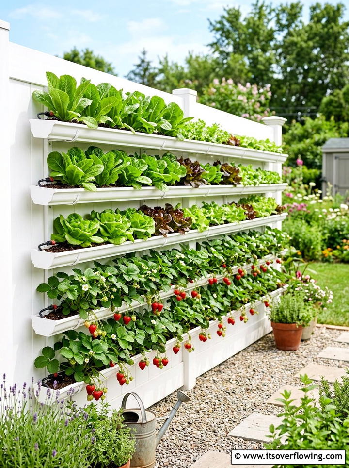 Gutter garden on fence - 25 upcycled garden ideas with vertical gardens