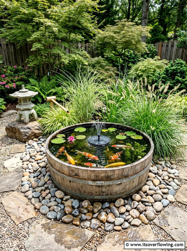Half Barrel Pond - 25 upcycled garden ideas with old barrels