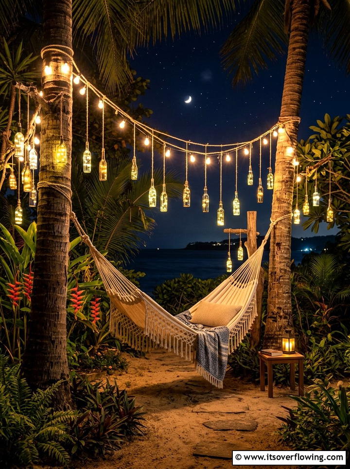 Hammock area bottle lighting - 25 garden decor ideas with bottle lights