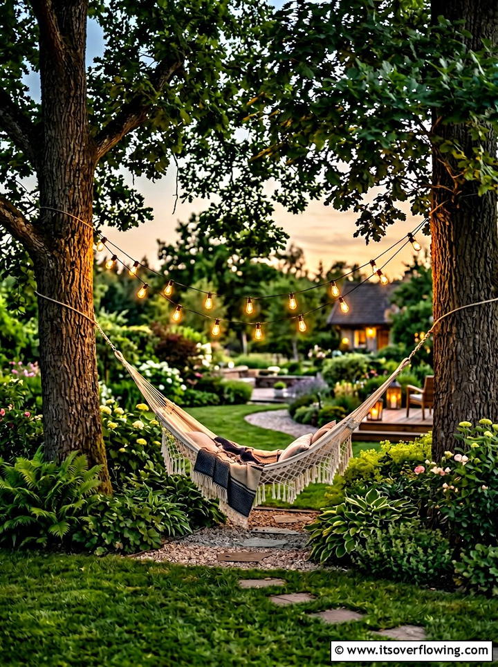 Hammock area lighting - 25 garden decor ideas with string bulb lights