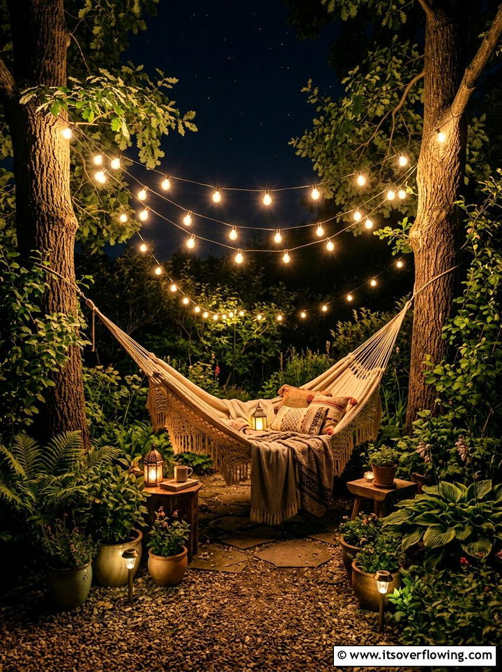 Hammock area lighting - 25 backyard decorating ideas with holiday lights