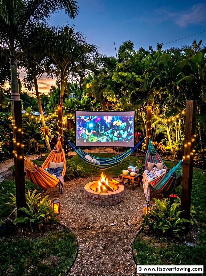 Hammock movie viewing area - 25 backyard ideas with outdoor movie setup