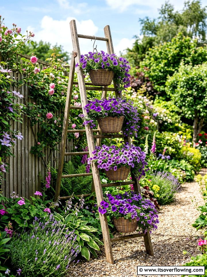 Hanging Basket Ladder - 25 backyard decorating ideas with vintage ladders