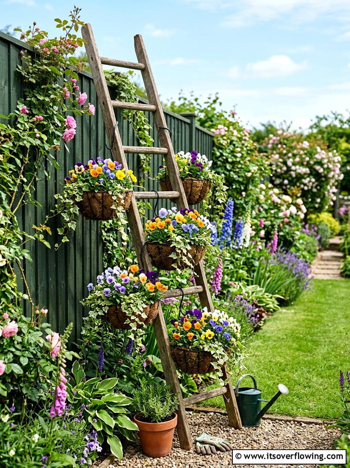 Hanging Basket Rack - 25 upcycled garden ideas with old ladders