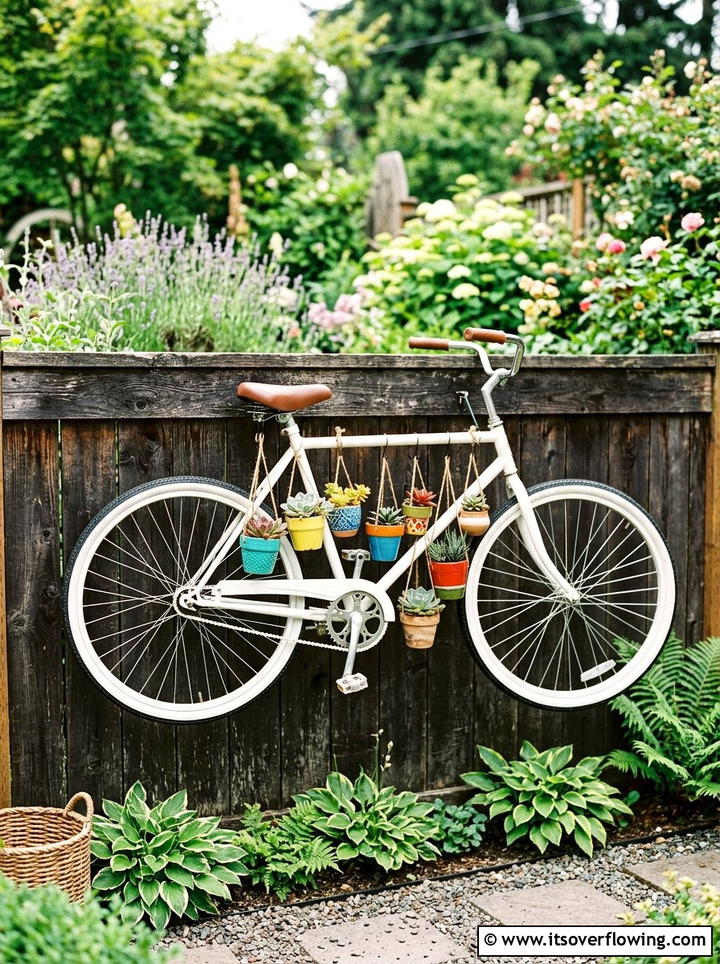 Hanging Bicycle Garden Decor - 25 upcycled garden ideas with old bicycles