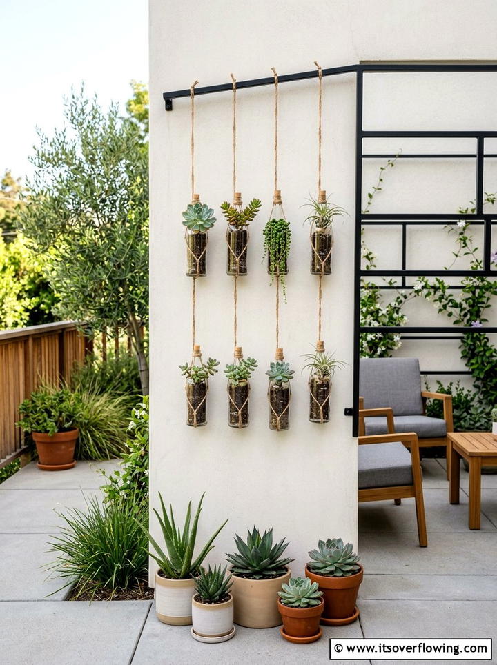 Hanging Bottle Planter - 25 recycled garden ideas with glass bottles