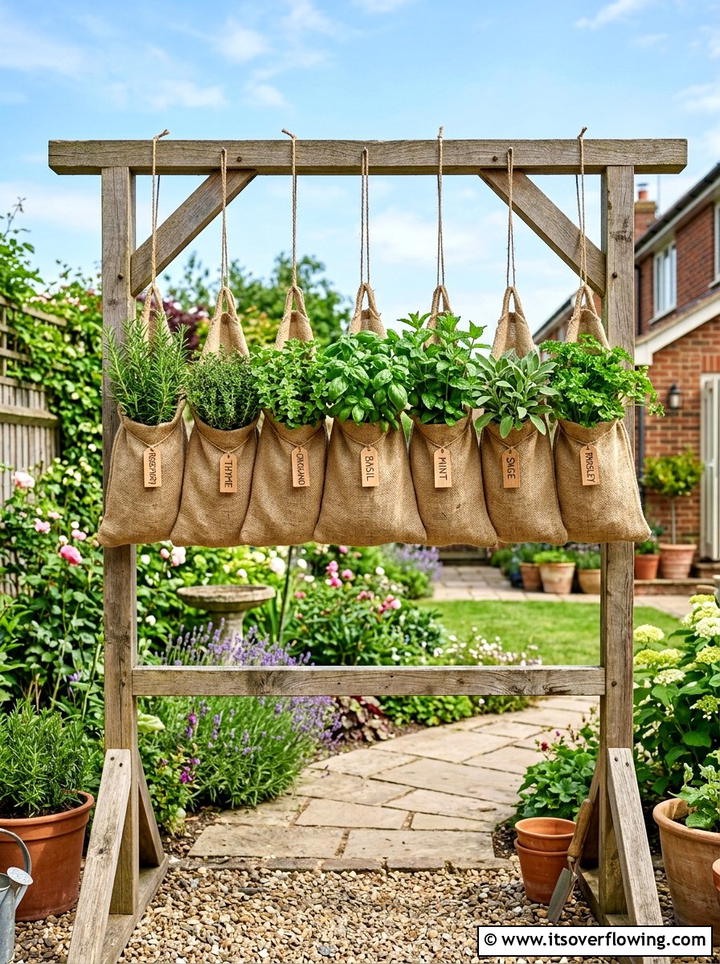 Hanging Burlap Bags - 25 upcycled garden ideas with herb planters