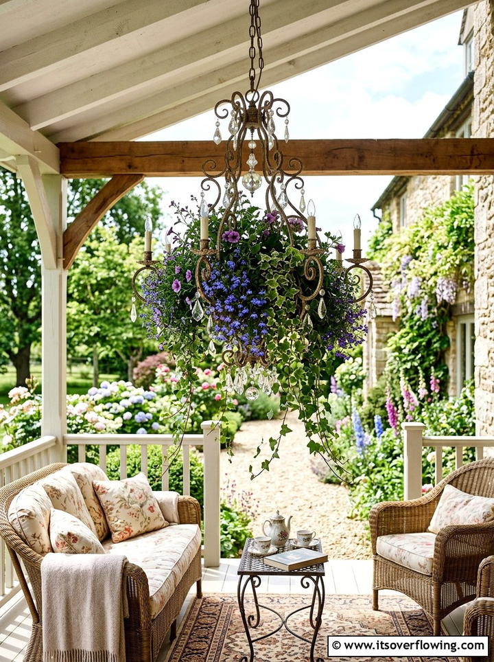 Hanging Chandelier planter - 25 upcycled garden ideas for porches