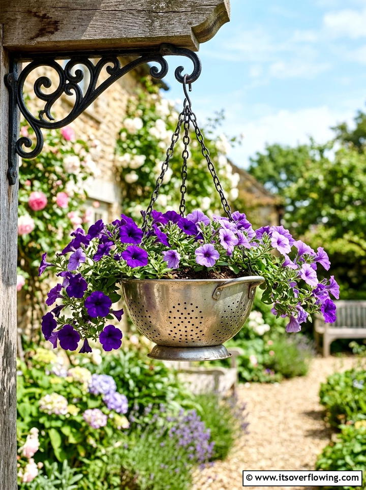 Hanging Colander Plant Basket - 25 recycled garden ideas with gutter garden