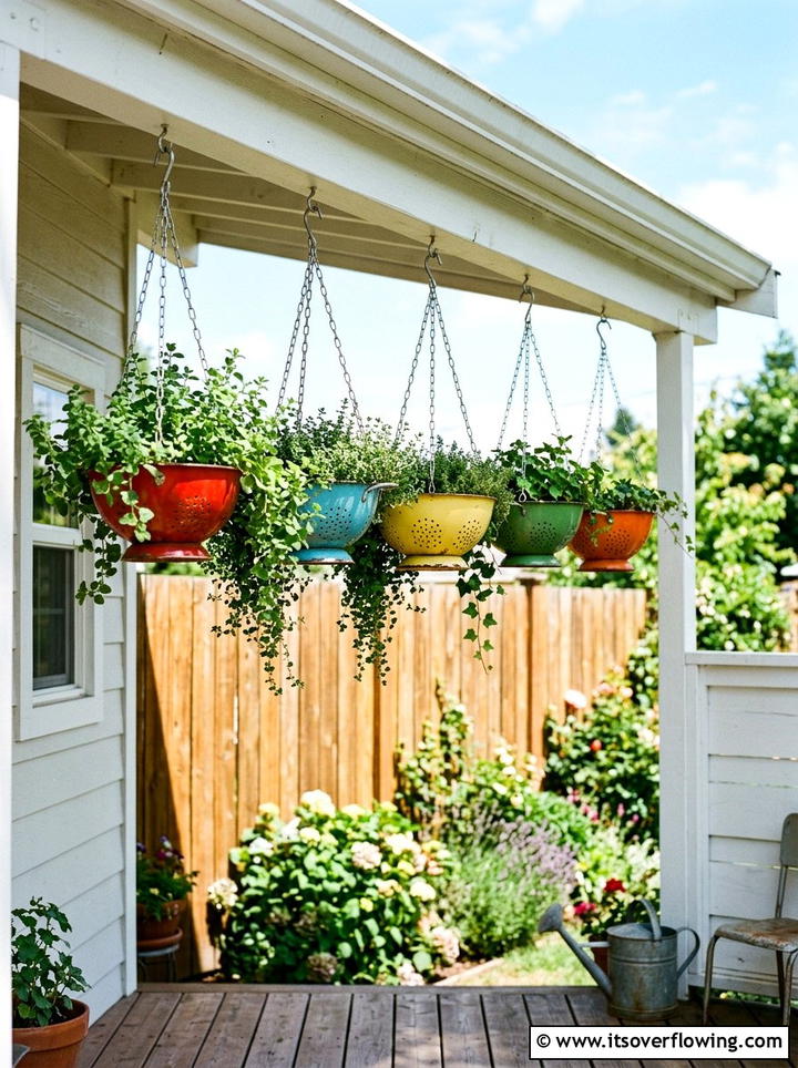 Hanging Colander Planter - 25 upcycled garden ideas with herb planters