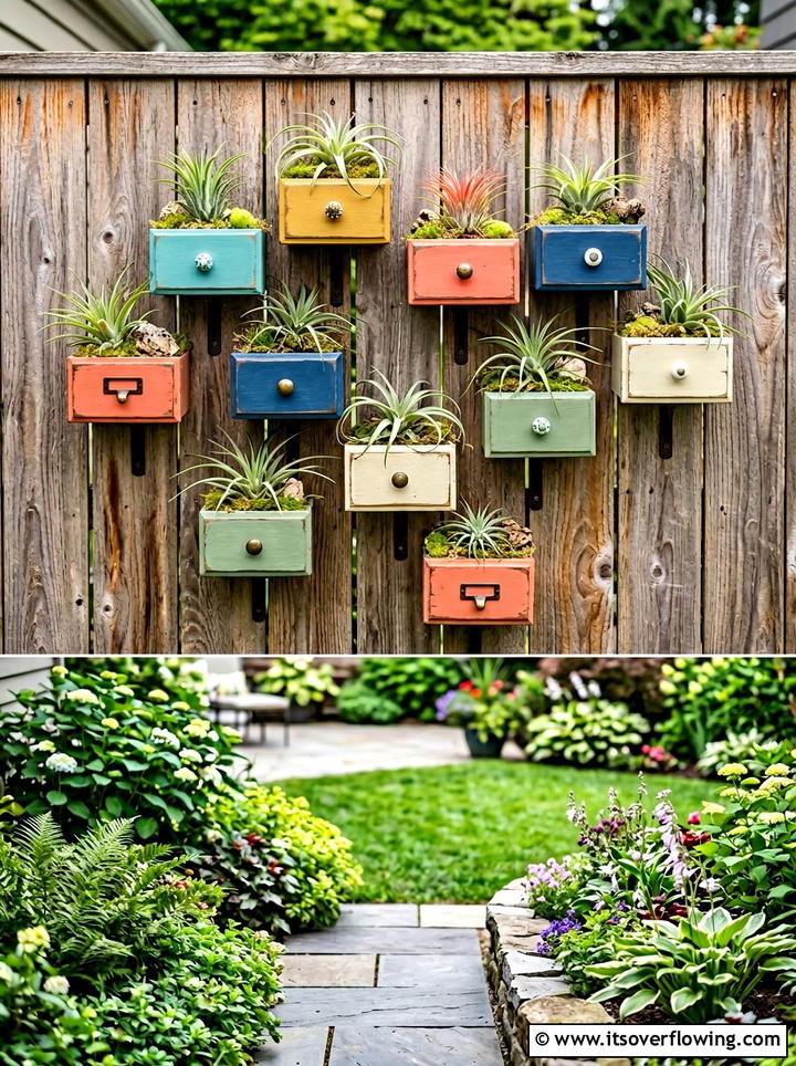 Hanging Drawer Wall Art - 25 upcycled garden ideas with old drawers