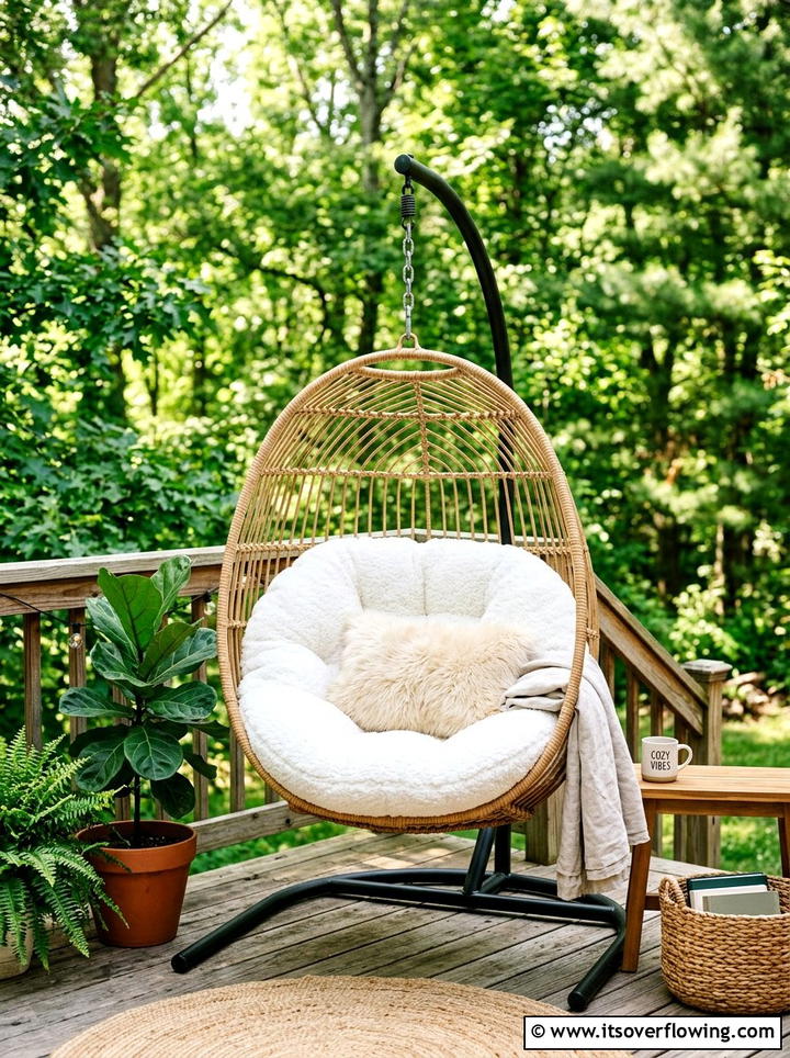 Hanging Egg Chair - 25 garden decor ideas with throw pillows