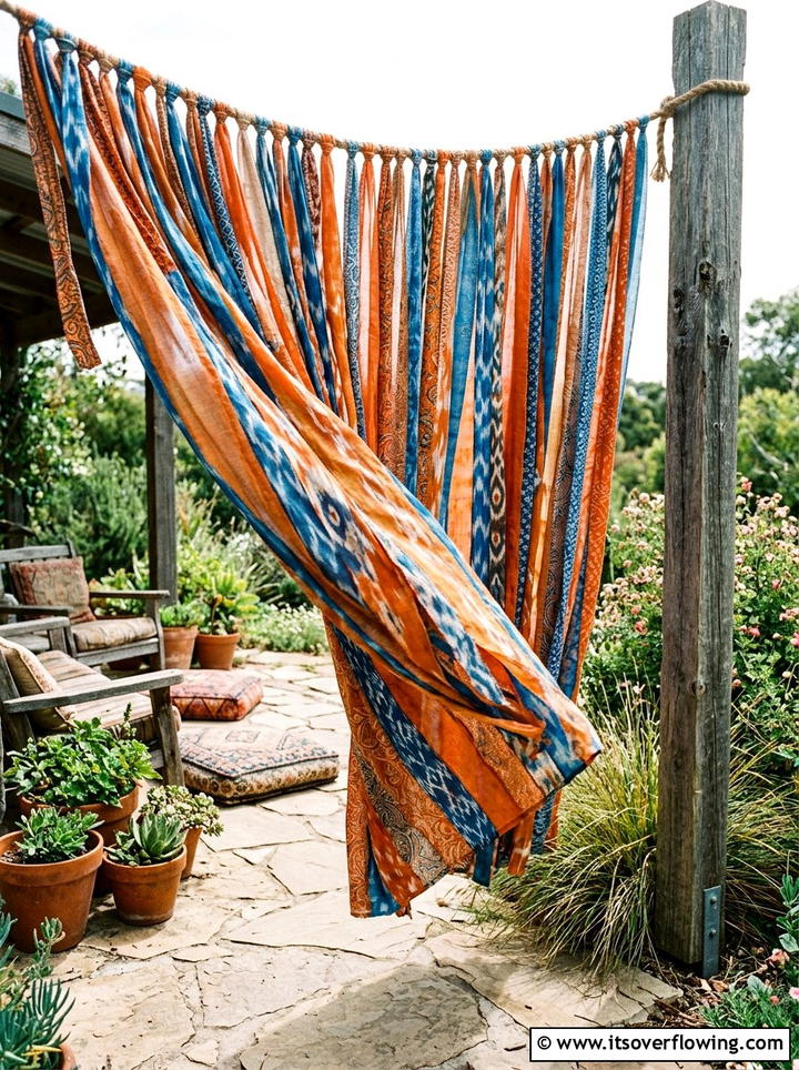Hanging Fabric Scrap Curtain - 25 upcycled garden ideas with privacy screens