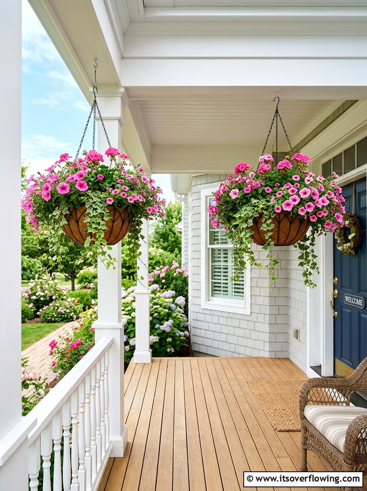 Hanging Flower Basket - 25 front porch decor ideas with rustic accents