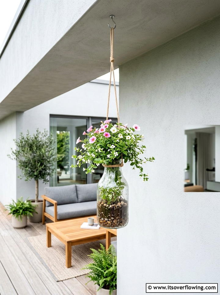 Hanging Glass Bottle Planter - 25 recycled garden ideas with hanging bottle planters