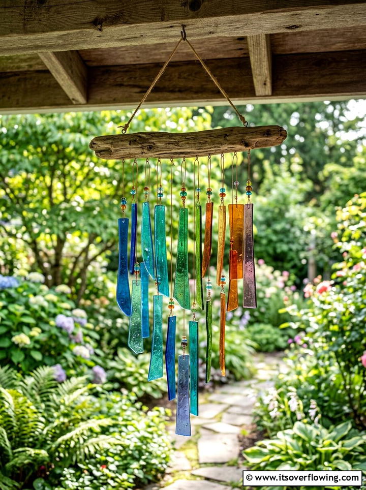 Hanging Glass Wind Chime - 25 upcycled garden ideas with old windows