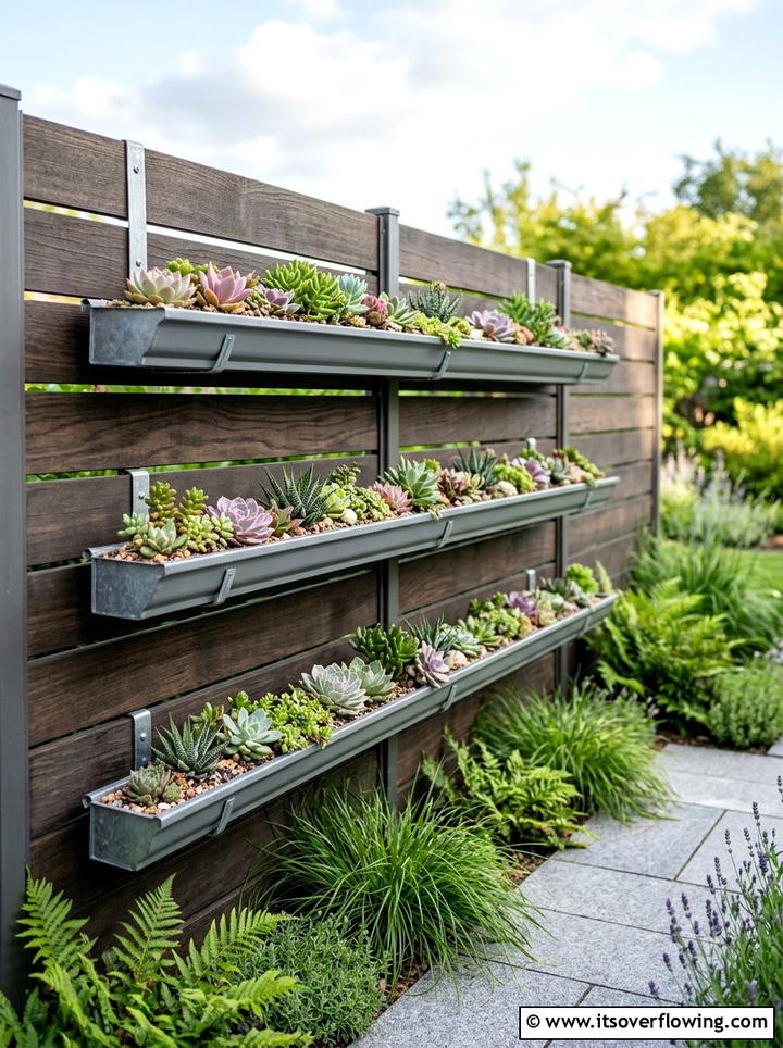 Hanging Gutter Garden - 25 upcycled garden ideas with succulent planters
