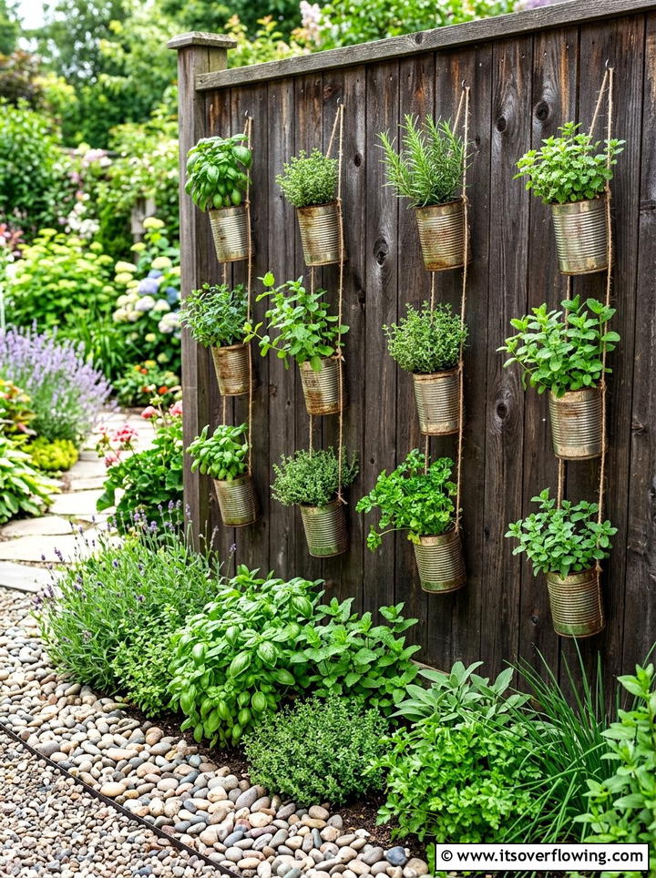 Hanging Herb Garden - 25 recycled garden ideas with pebbles