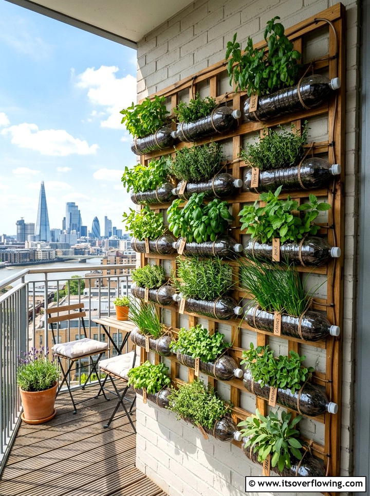 Hanging Herb Wall - 25 upcycled garden ideas with plastic bottles