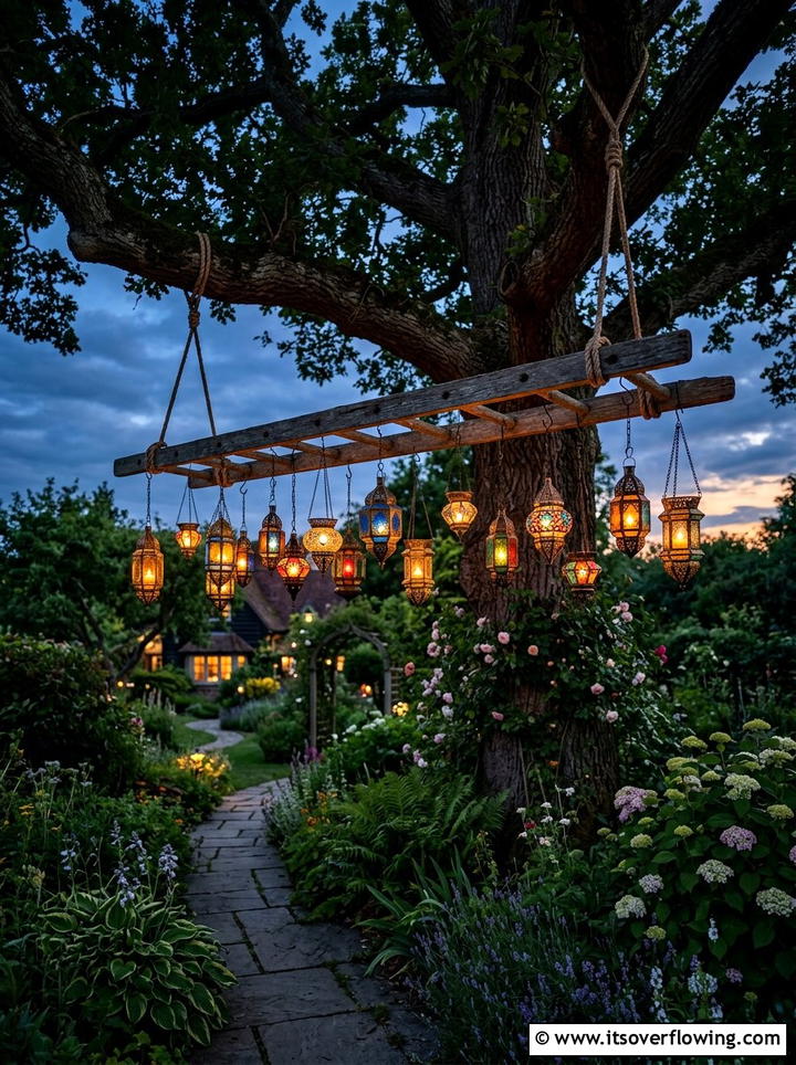 Hanging Lantern Garden Accent - 25 garden ideas with old ladders