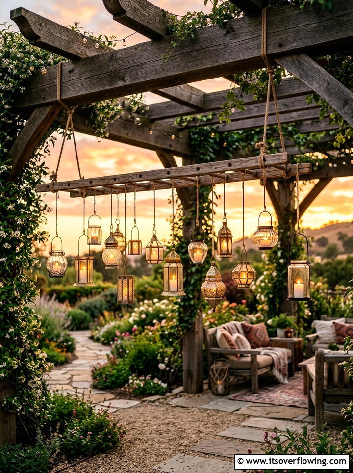 Hanging Lantern Ladder - 25 backyard decorating ideas with vintage ladders