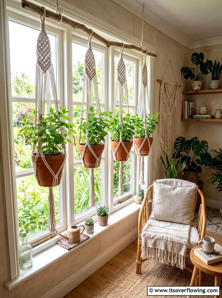 Hanging Macrame Herb Pot - 25 small garden ideas with herbs