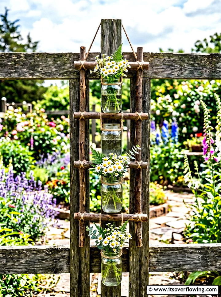 Hanging Mason Jar Ladder - 25 backyard ideas with old ladder planter