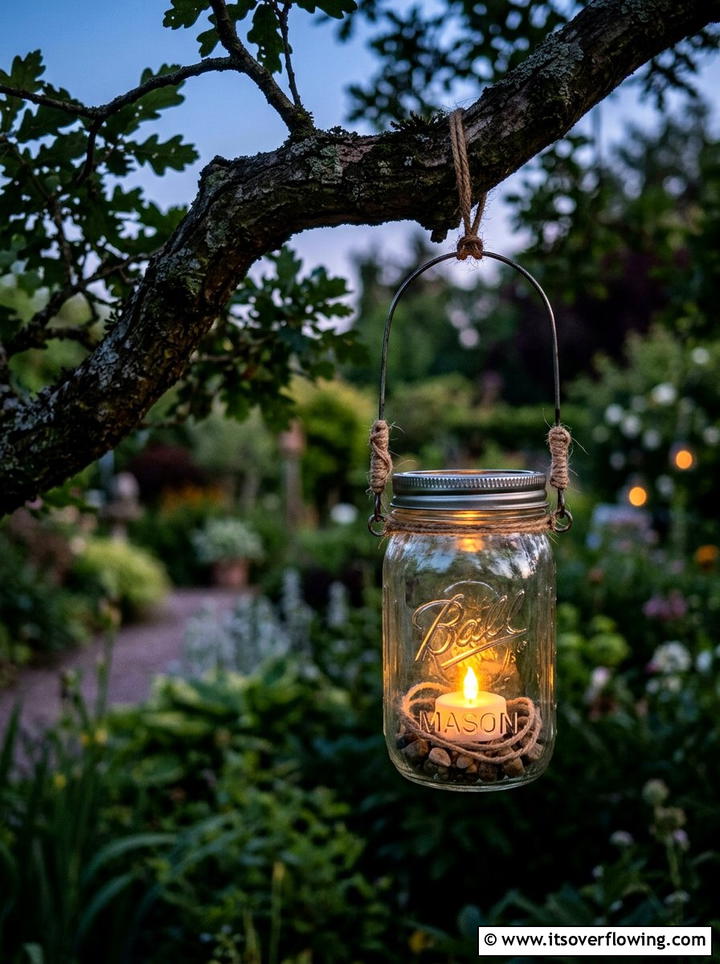 Hanging Mason Jar Lantern - 25 garden decor ideas with mason jars