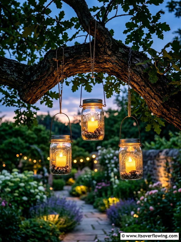 Hanging Mason Jar Light - 25 garden ideas with low cost materials
