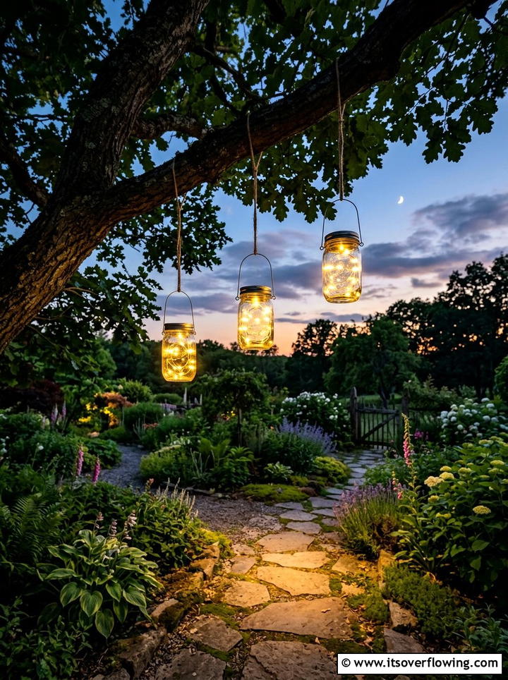 Hanging Mason Jar Solar Lights - 25 upcycled garden ideas with mason jars
