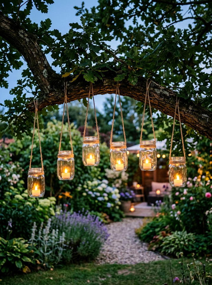 Hanging Mason Jar - 25 backyard decorating ideas with candle holders