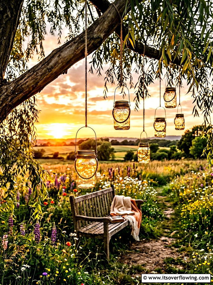 Hanging Mason jar light - 25 garden decor ideas with lights
