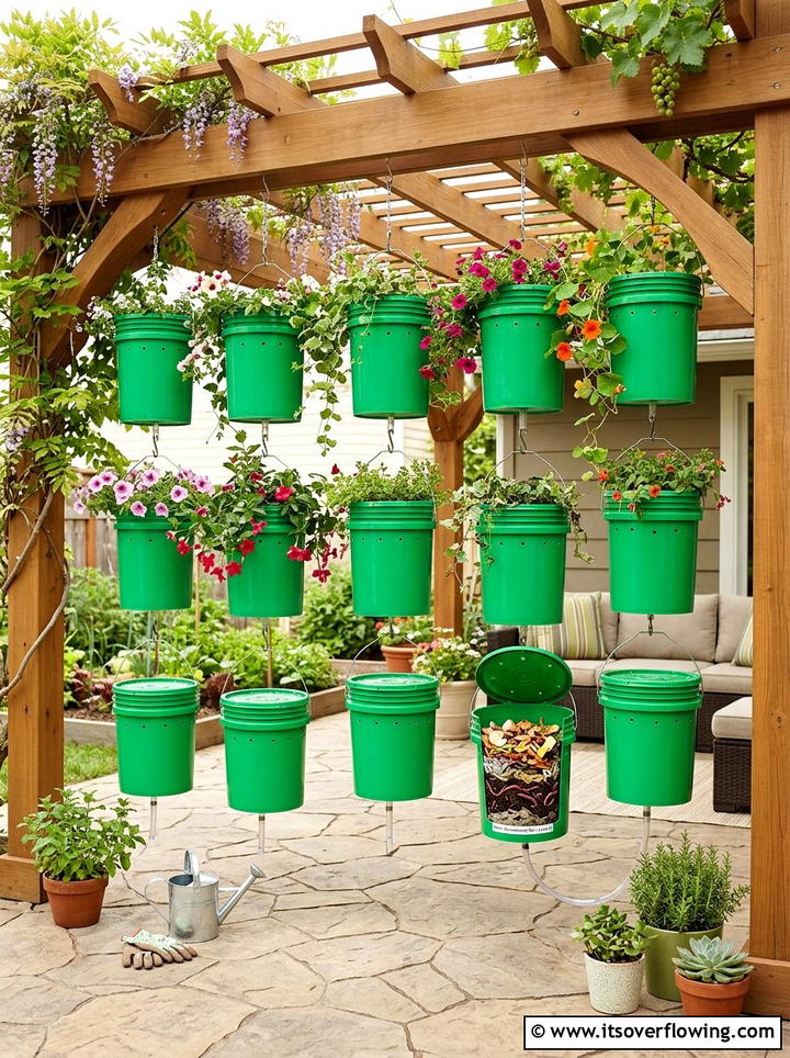 Hanging Plastic Bucket Worm Garden - 25 recycled garden ideas with worm bins