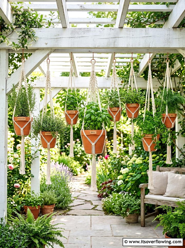 Hanging Pot Herb Display - 25 garden decor ideas with herb displays