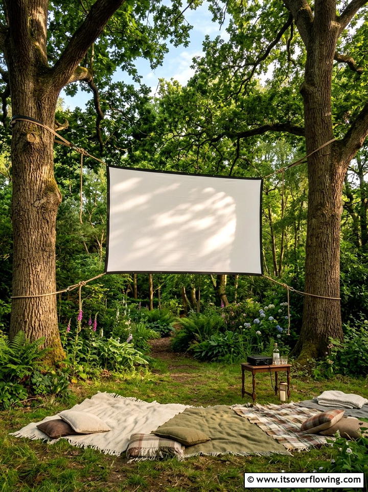 Hanging Screen From Trees - 25 backyard ideas with projector screen