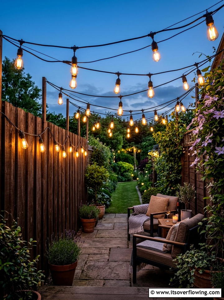 Hanging String Lights - 25 backyard ideas for narrow yards