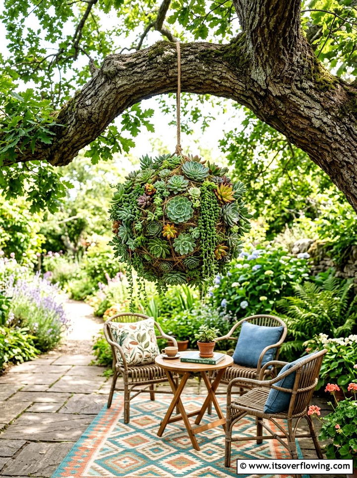 Hanging Succulent Sphere - 25 garden decor ideas with succulent displays