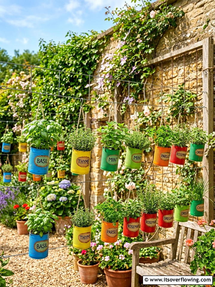 Hanging Tin Can Garden - 25 recycled garden ideas with leaf mold bins