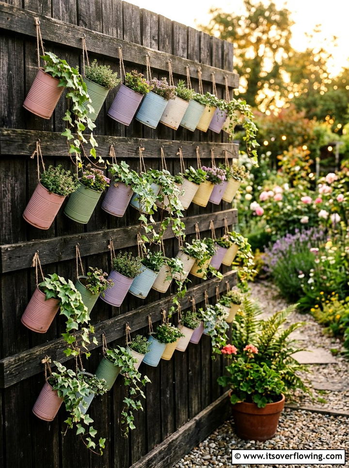 Hanging Tin Can Wall - 25 cheap garden ideas with simple planters
