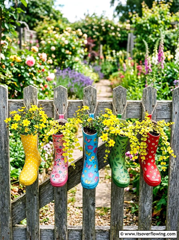 Hanging Welly Fence Decor - 25 upcycled garden ideas with old boots