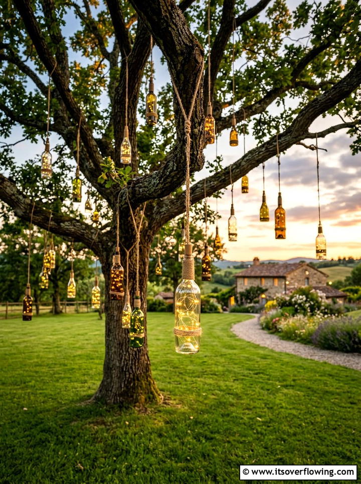 Hanging Wine Bottle Lantern - 25 garden ideas with bottle lights