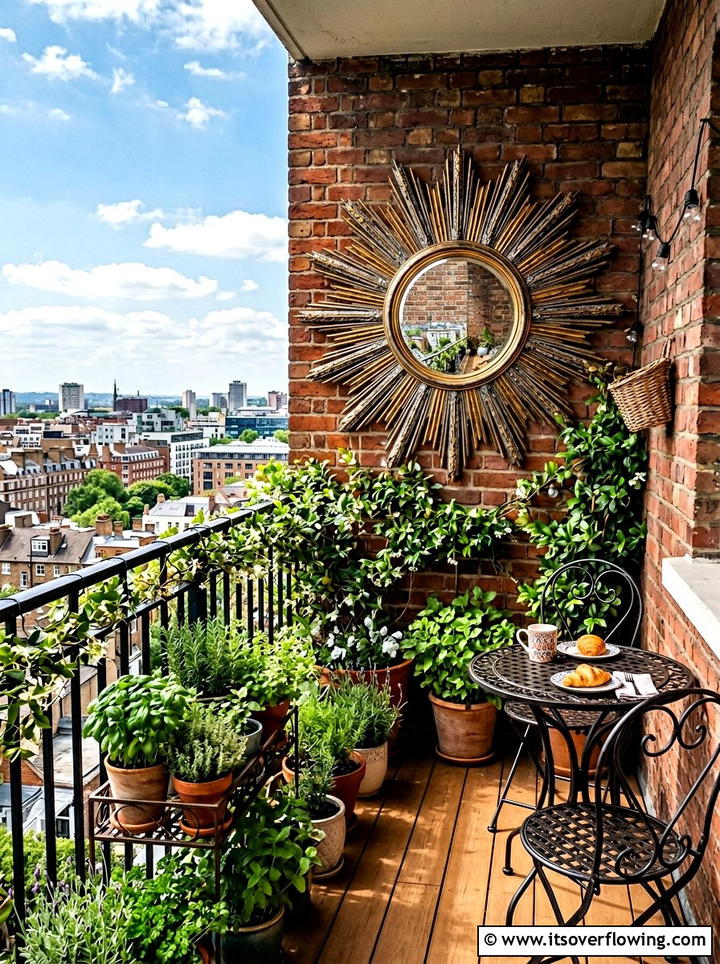 Hanging a sunburst mirror on a balcony wall - 25 garden decor ideas with mirrors