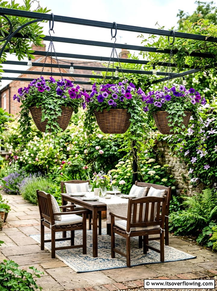 Hanging basket display - 25 small garden ideas with low maintenance plants