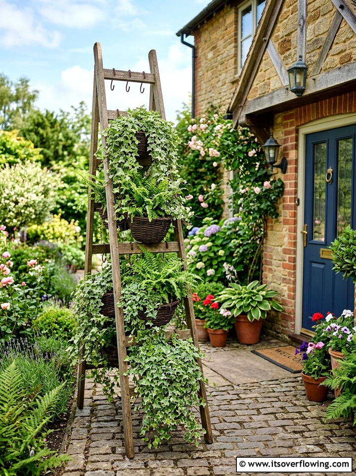 Hanging basket ladder stand - 25 upcycled garden ideas with ladder shelves