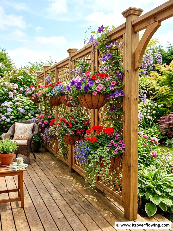Hanging basket trellis fence - 25 backyard ideas with trellis fence