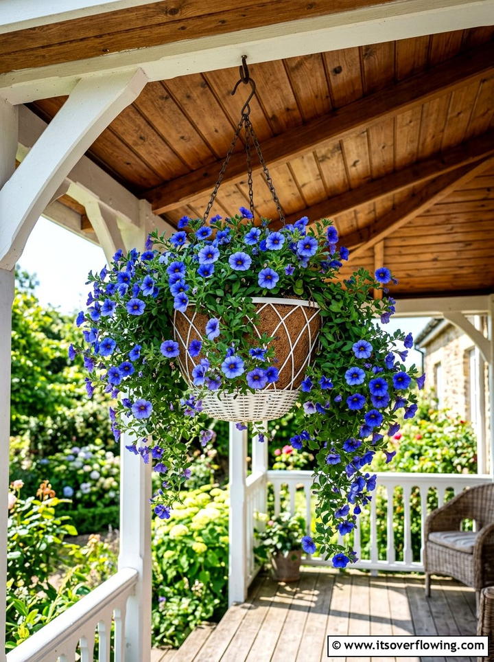 Hanging basket with blue petunias - 25 front porch ideas with patriotic decor