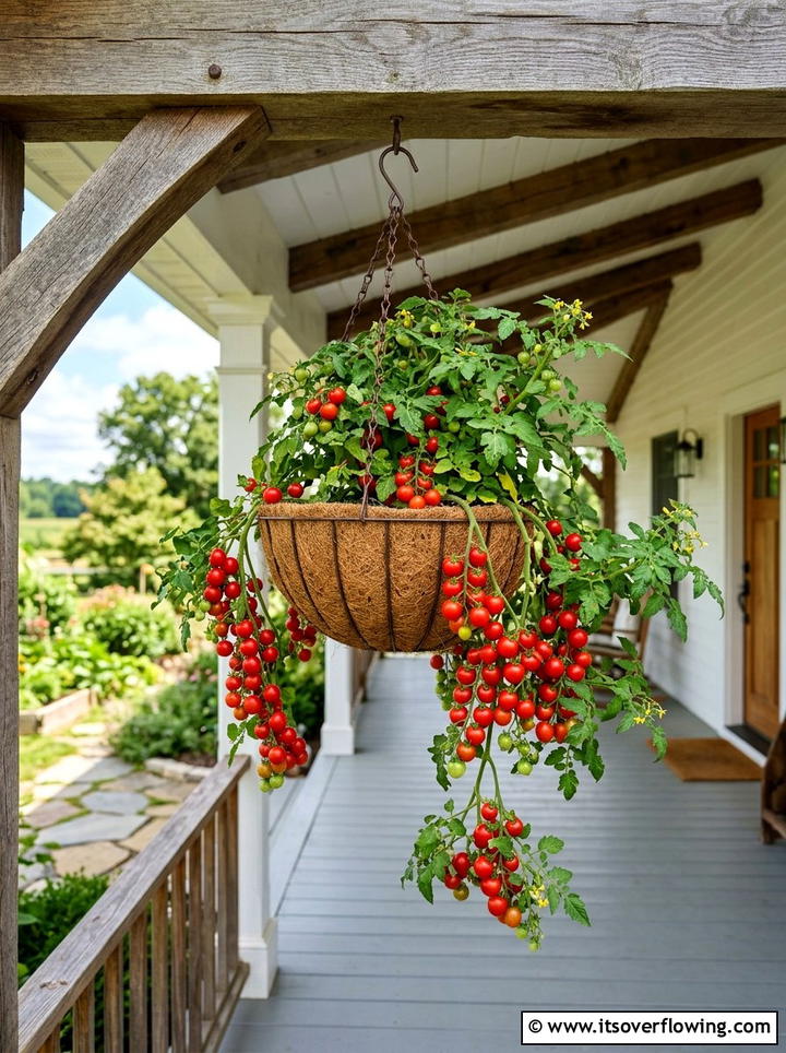 Hanging basket with cherry tomatoes - 25 garden design ideas with edible plants